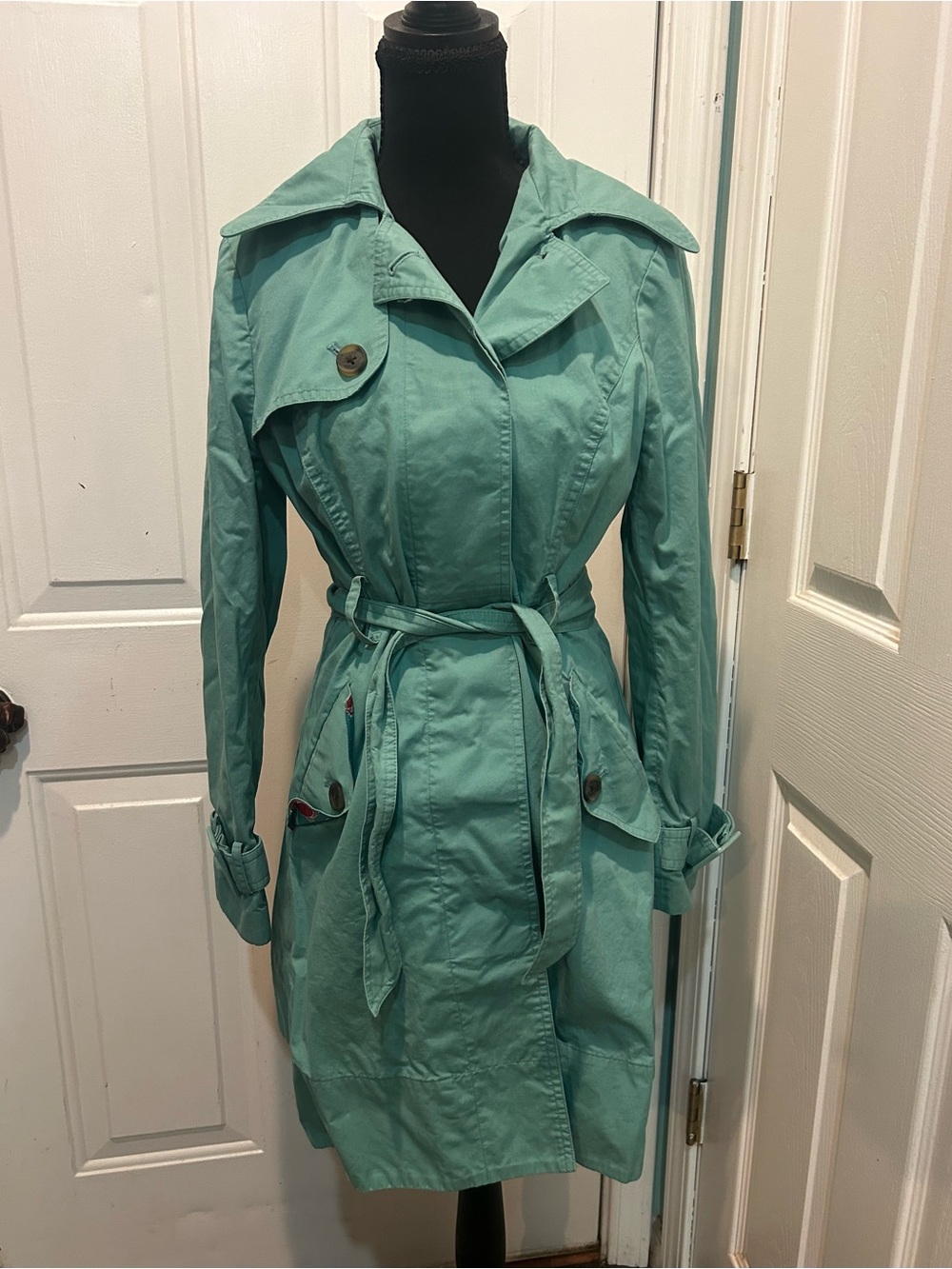LC Lauren Conrad Teal Green Trench Coat Floral Lining SZ 6
